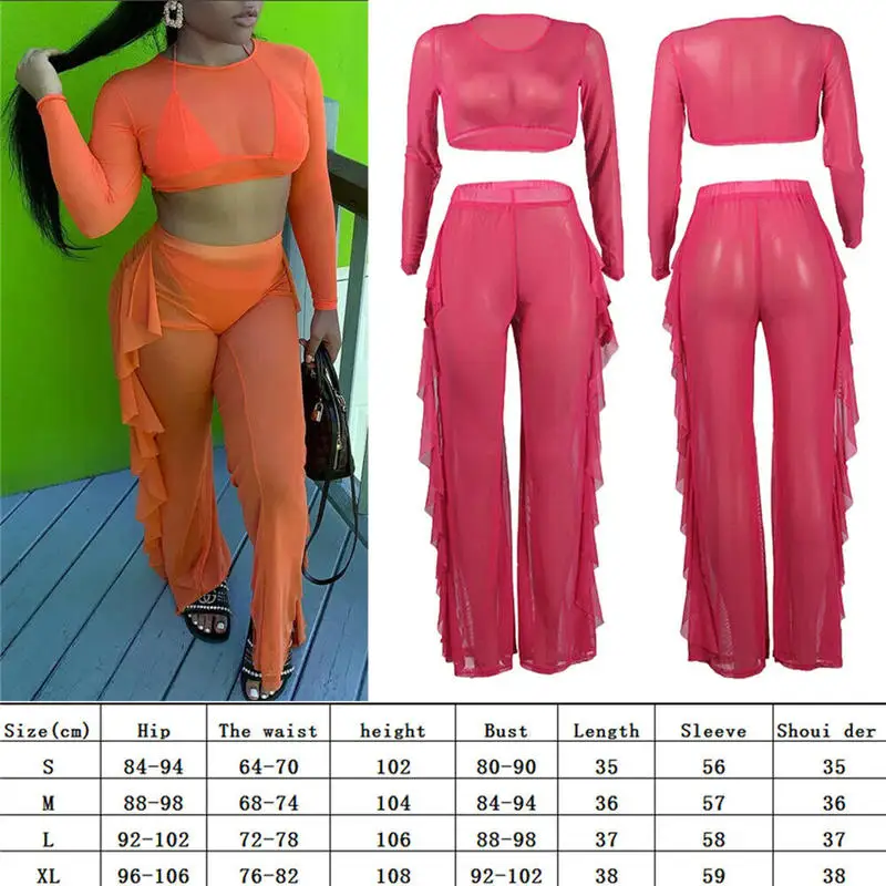 Женский пляжный комплект с прозрачным верхом и длинными рукавами+ штаны с оборками, брюки, сетчатый бикини, пляжная одежда, купальники, 2 шт