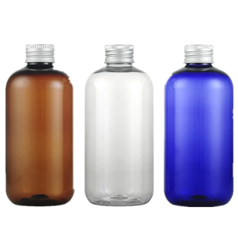 30 개/몫 250ml 앰버 블루 클리어 컬러 짧은 지방 애완 동물 병 빈 플라스틱 토너 메이크업 물병 알루미늄 캡 내부 플러그