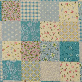 

1 yard Cotton Linen Fabric for sewing pathwork, bedding, handmaking - Patch and flora (blue) (width=140cm)