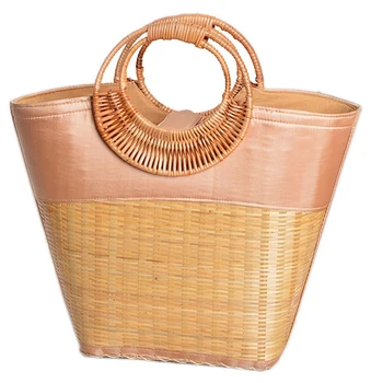 

Big Capacity Bamboo Woven Handbag Fashion Big Shopping Basket Bag Women Handmade Rattan Bag Circle Handle Design Retro Beach Bag