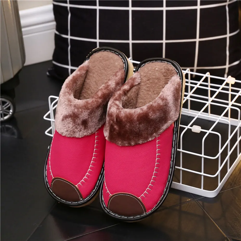 rose red Winter Unisex PU Leather Warm Slippers Plush Shoes Non-slip Home Indoor Slipper Women Men SMN88 - Color: rose red