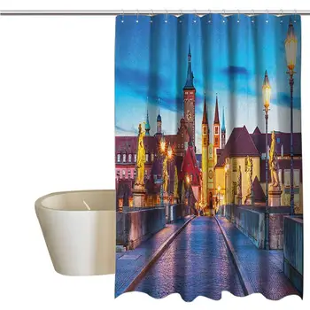 

Urban Funny Shower Curtain Colorful Sunset Evening View of Old Main Bridge in Historical Land Bavaria Germany Fabric Shower