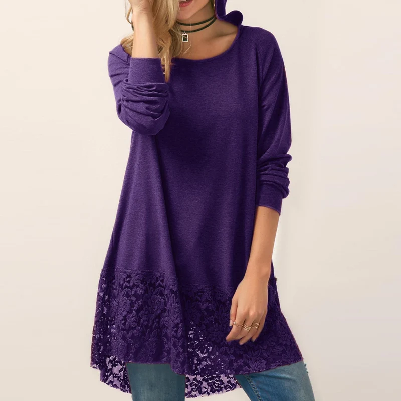 Женская однотонная блуза с длинным рукавом с асимметричным кружевным лоскутным подолом, Свободная блуза с капюшоном, топы QL, распродажа - Цвет: Фиолетовый