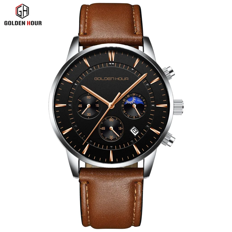 Leather S B RG Мужские часы лучший бренд класса люкс GOLDENHOUR Модные мужские в деловом стиле Мужские кварцевые часы спортивные Водонепроницаемые наручные часы Relogio Masculino - Цвет: Leather S B RG