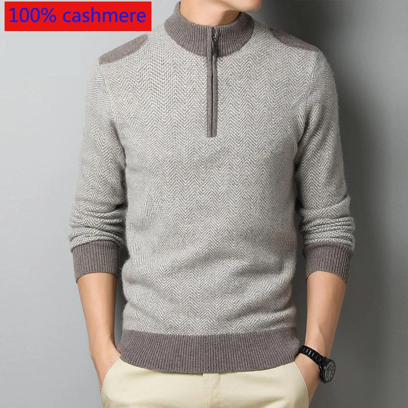 New High Quality Winter Men Cashmere Semi High Zipper Collar Computer Knitted Casual Thick Men Sweater Plus Size XS-5XL