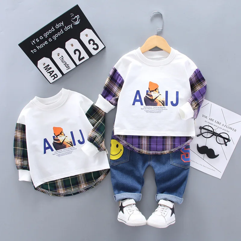 

2020 Children Baby Spring And Autumn English Lettered Plaid Stitching Hoodie Jeans Two-Piece Set