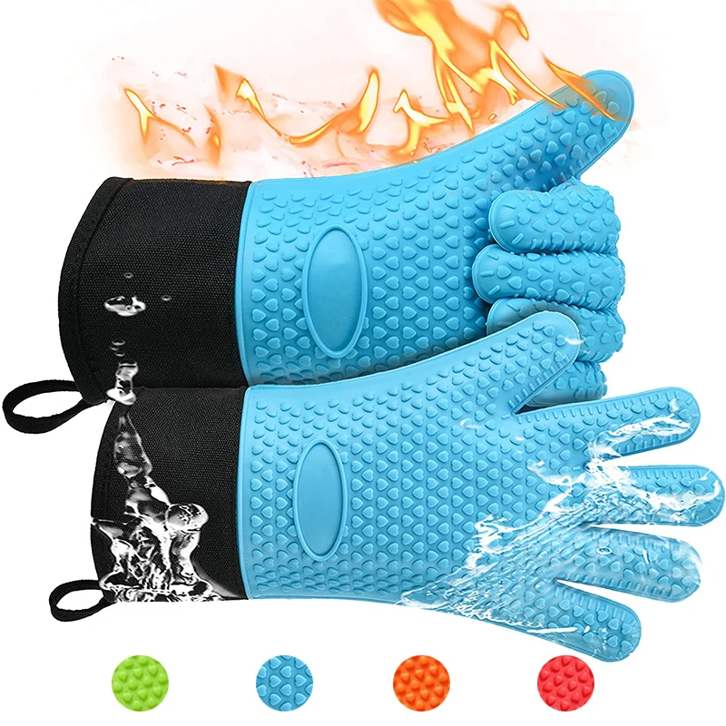 Guantes de cocina de doble capa resistentes al calor, manoplas flexibles de silicona y algodón para horno microondas