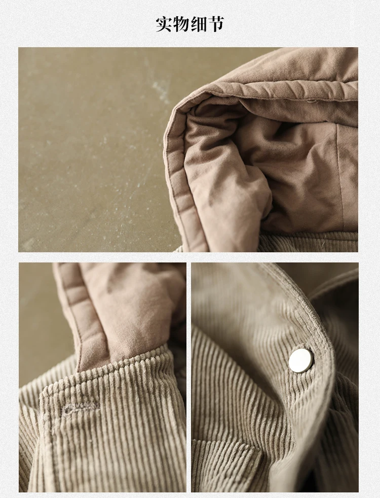 Winter jackets Women Retro Loose Thicker Corduroy Warm Coat New Hooded Button pocket Casual All-match jackets