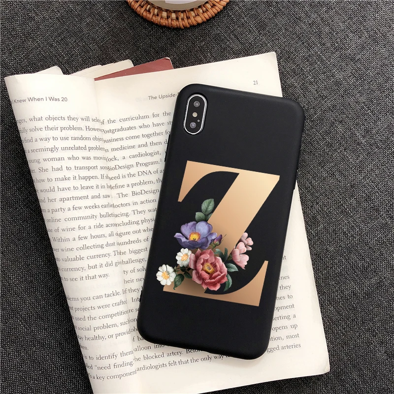 TPU Черный ТПУ чехол для телефона с буквой Алфавит цветы для iPhone XR XS MAX 11 PRO MAX 7 5 6 6s 8 plus SE, силиконовый чехол для телефона - Цвет: TPU