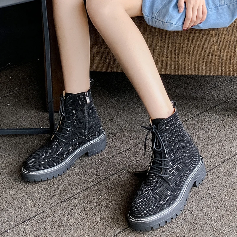 

Rimocy Shiny Crystal Black Ankle Boots for Women Fashion Lace Up Thick High Heels Botas Mujer 2019 Selling Hi-street Shoes Woman