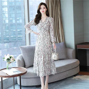 

French Retro Fairy Style MORI Series Style Hepburn Style Floral Long Skirts and Ankle Dress Women's Long Early Autumn
