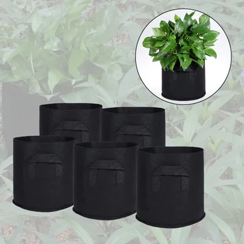 

5x Black Grow Bags Aeration Fabric Pots with Handles Plant Container Pouch