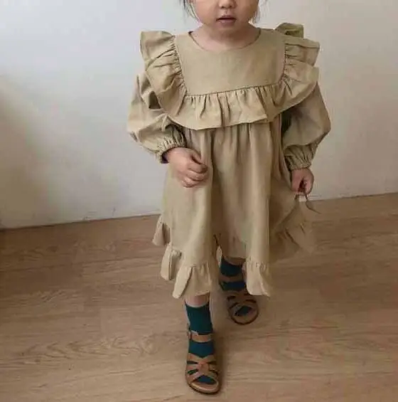 Платье с оборками в Корейском стиле для девочек, весенние хлопковые Модные Детские платья для девочек 1-7 лет