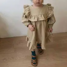 Платье с оборками в Корейском стиле для девочек, весенние хлопковые Модные Детские платья для девочек 1-7 лет