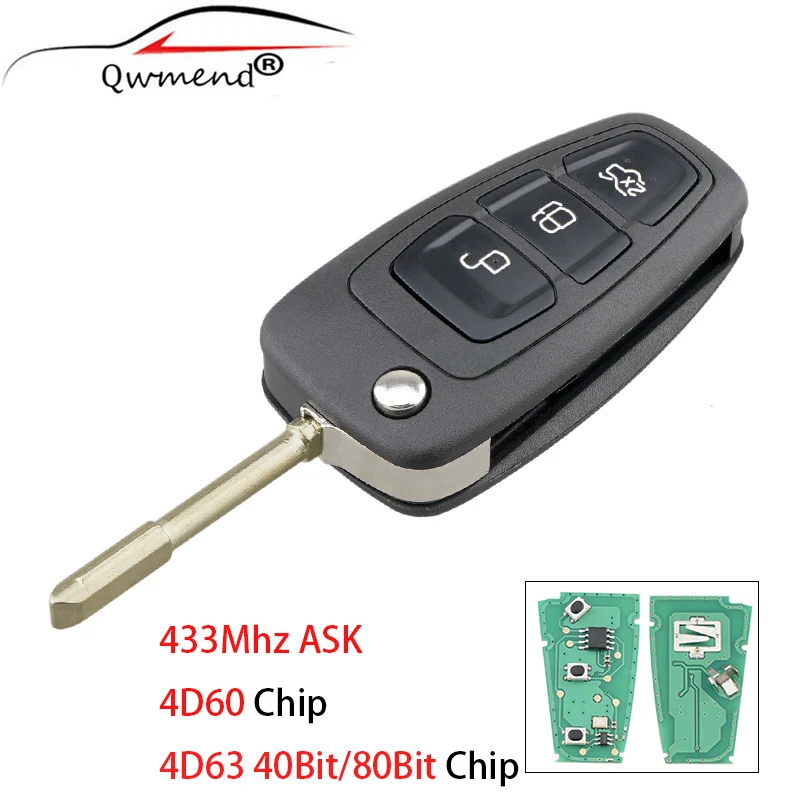 Fo21 Blade Ask Smart Car Flip Key Per Ford Focus Mk1 Mondeo Transit Connect Remote Car Key Fob 433Mhz 4 D60 Id63 Chip 3 Button