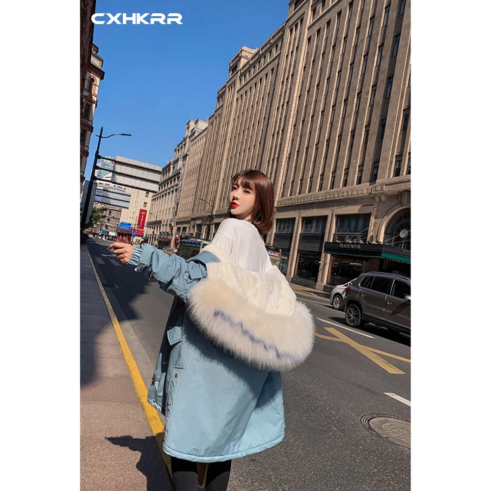CXHKRR Fashion Long Parka Coat Jacket Oversized Cotton Jacket Women Winter Faux Fur Collar Hooded Jacket Cotton Women