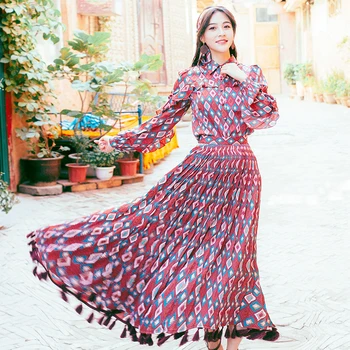 

HAMALIEL Vintage Autumn Chiffon Plaid Floral Print Bow Shirt Women 2 Pcs Set + High Waist Tassel Long Ball Gown Beach Skirt Set