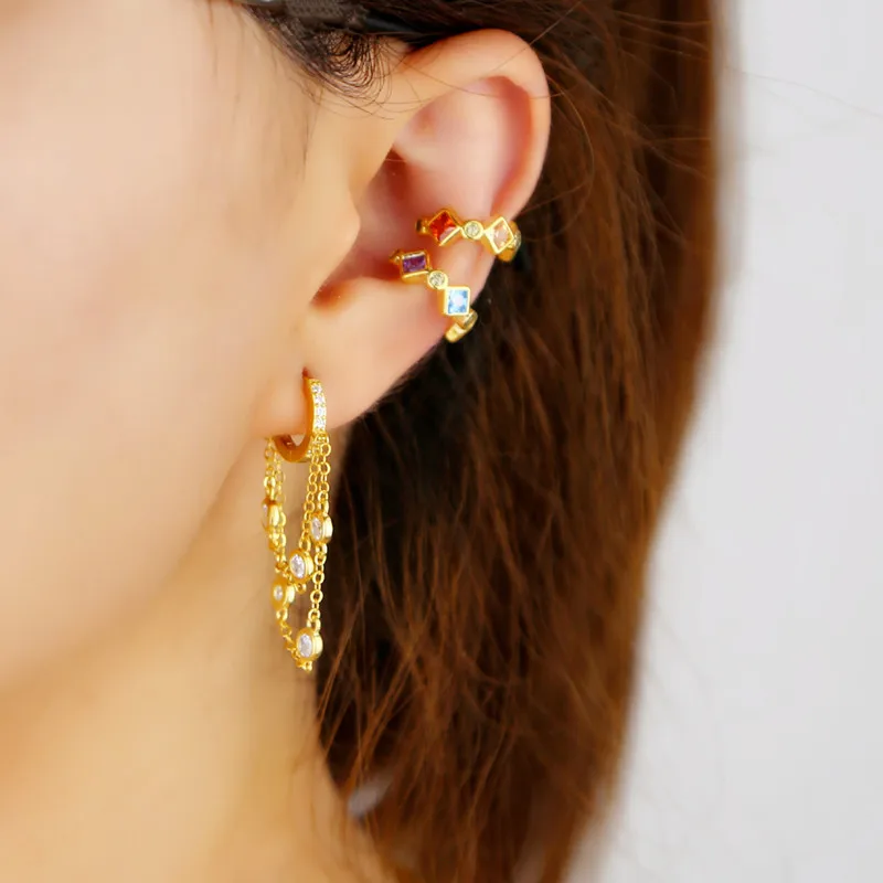 

925 sterling silver round Baguette cz tassel chain Small Hoop Earrings For Women rainbow gold filled statement gorgeous Jewelry