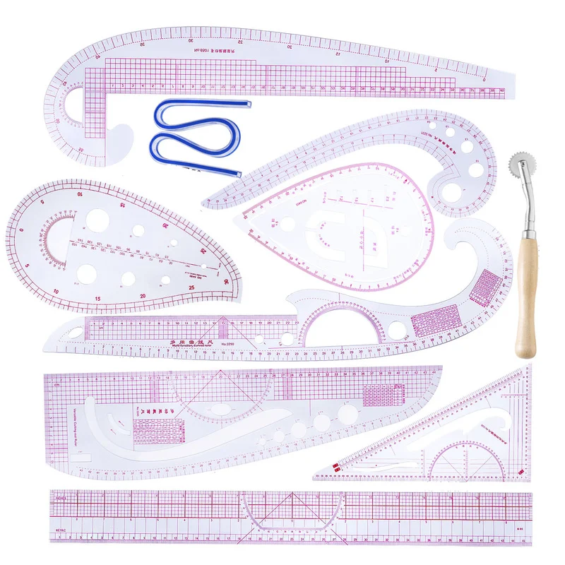 

10PCS Ruler Tailor Measuring Kit Clear Sewing Drawing Ruler Yardstick Sleeve Arm French Curve Set Cutting Ruler Paddle Wheel