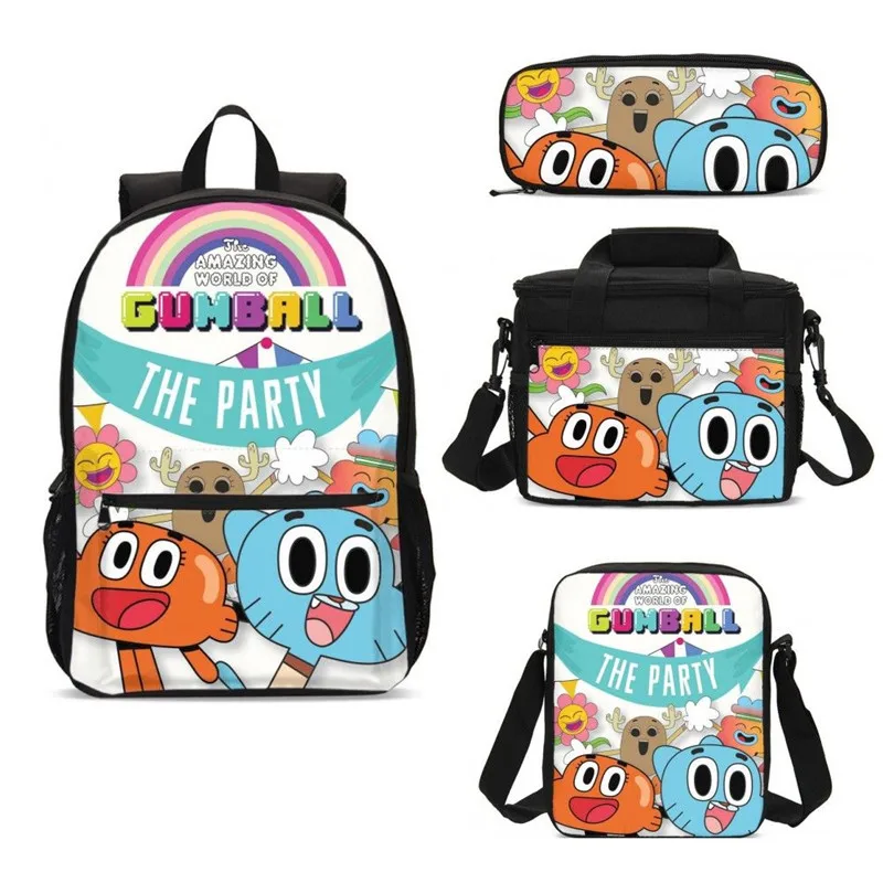 

Child The Amazing World Of Gumball 4pcs School Bag Sets Kids Women Men Backpack Pen Bag Thermal Box Mujer Bolsa Escolar Bolsas