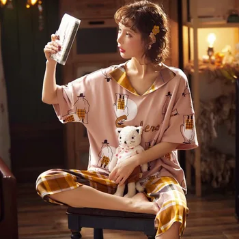 

Lady 2PCS Pajamas Suit Cotton Sleepwear Autumn New Loose Shirt&Shorts Casual Nightwear Soft Short Intimate Lingerie Home Clothes