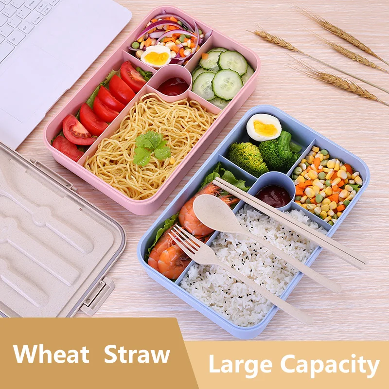 

BPA Free Lunch Box Eco-friendly Wheat Straw Portable Bento Box Large Capacity Dinnerware Food Storage Container With Tableware