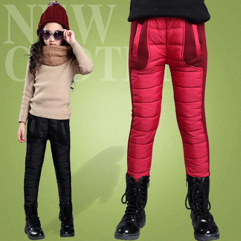 Детские зимние брюки с хлопковой подкладкой для девочек; плотные теплые штаны; Детские Пуховые штаны; зимняя одежда для девочек; теплые брюки