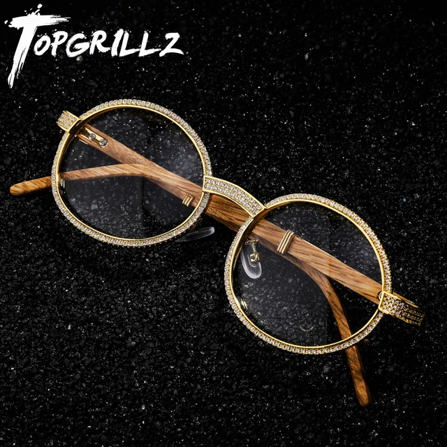 $US $97.99 TOPGRILLZ Vintage Round Cubic Zircon Sunglasses New Luxury Men Women Oval Crystal Wood Glasses Fash