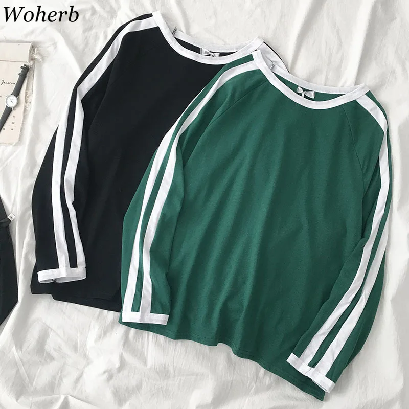 

Woherb T Shirt Femme Cotton Shirts 2019 Autumn Korean Ulzzang Harajuku Retro Long Sleeve O-neck Striped T-shirt for Women Tops