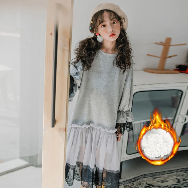 

Fashion Lace Dress for Children High Qualtiy Winter Fleece Kids Clothes for Girls Long Flare Sleeve Patchwork Dresses Elegant