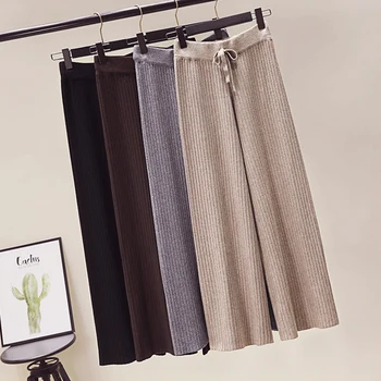 

Korean Style 2019 Women Knitted Pant High Elastic Waist Female Wide Legs Ladies Trousers Solid Autumn Black Khaki
