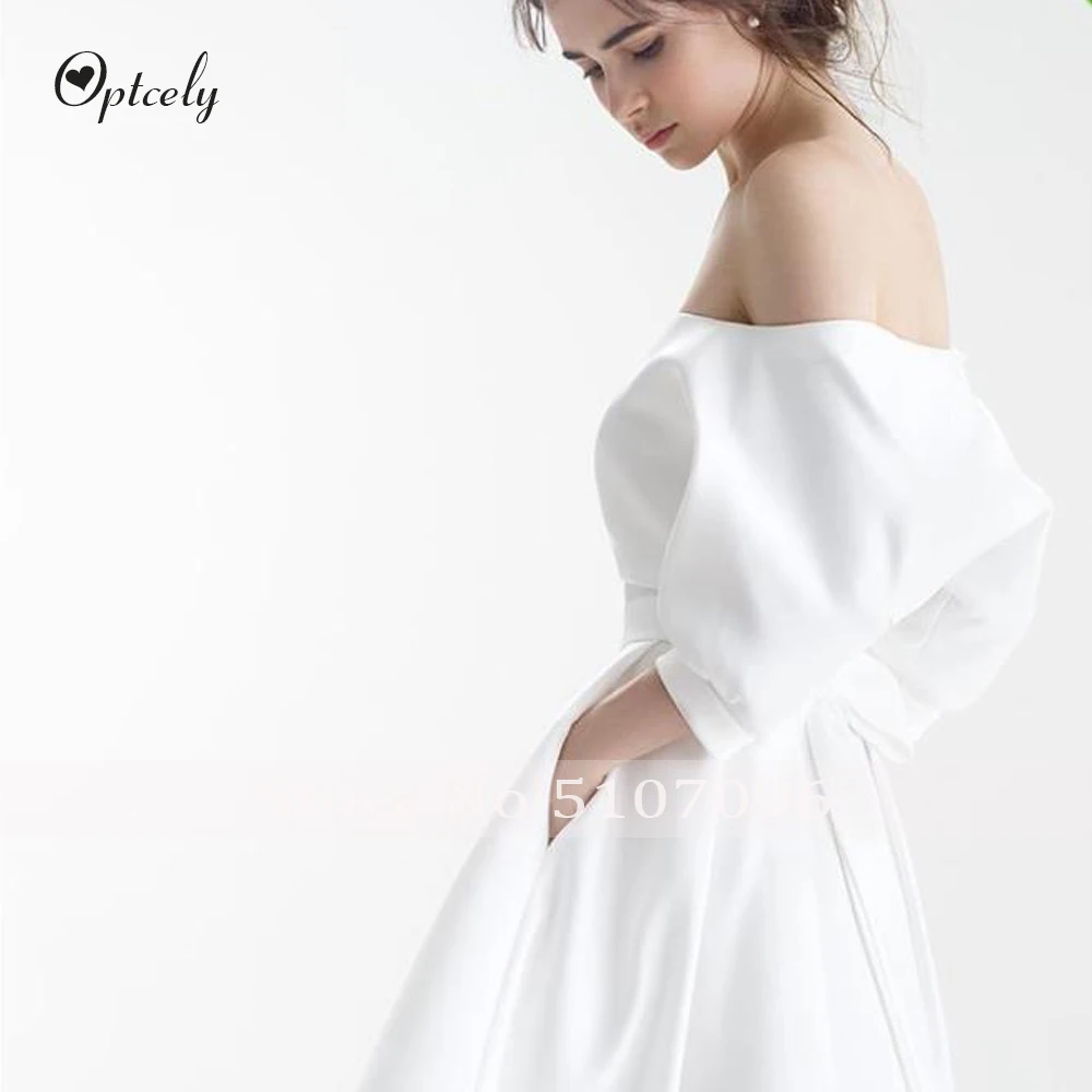Optcely Vestido de Noiva Элегантные Простые белые атласные свадебные платья трапециевидной формы с бантиком и вырезом лодочкой Платья с коротким рукавом и коротким шлейфом