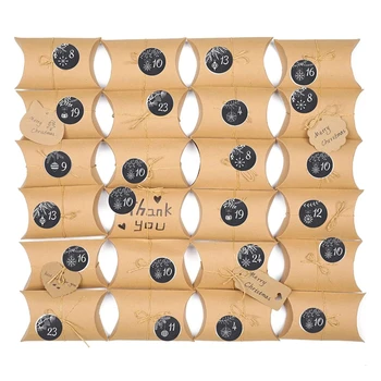 

24 Sets Pillow Shape Christmas Advent Calendar Paper Gift Box DIY Cookies Candy Case with 24 Number Stickers Ropes