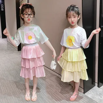 

Fashion Kids Clothes Sets Summer Elegant Toddler Girls Outfits Flower T-shirt Cake Skirt Set Teen Child Princess Clothing