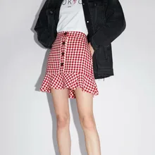 Лето осень высокая талия Кнопка Fly розовый плед короткая мини плиссированная юбка для женщин MG488