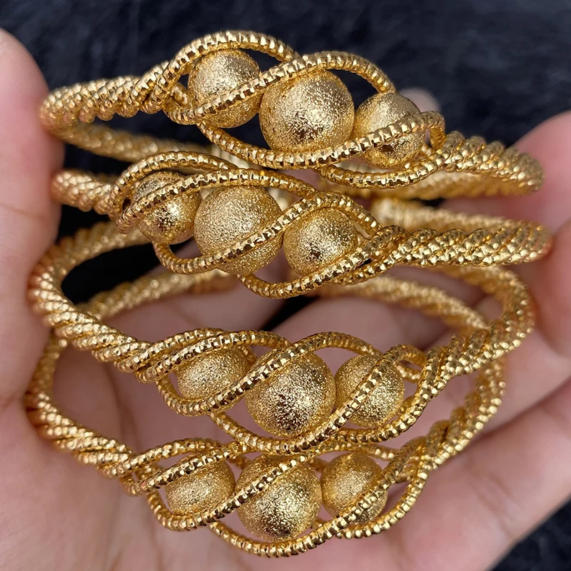 4pcs Ethnic Bead Gold Color Dubai Bangles For Women 24K Ball Copper Saudi Arabic Bracelet Girls Africa Bangles Wedding jewelry