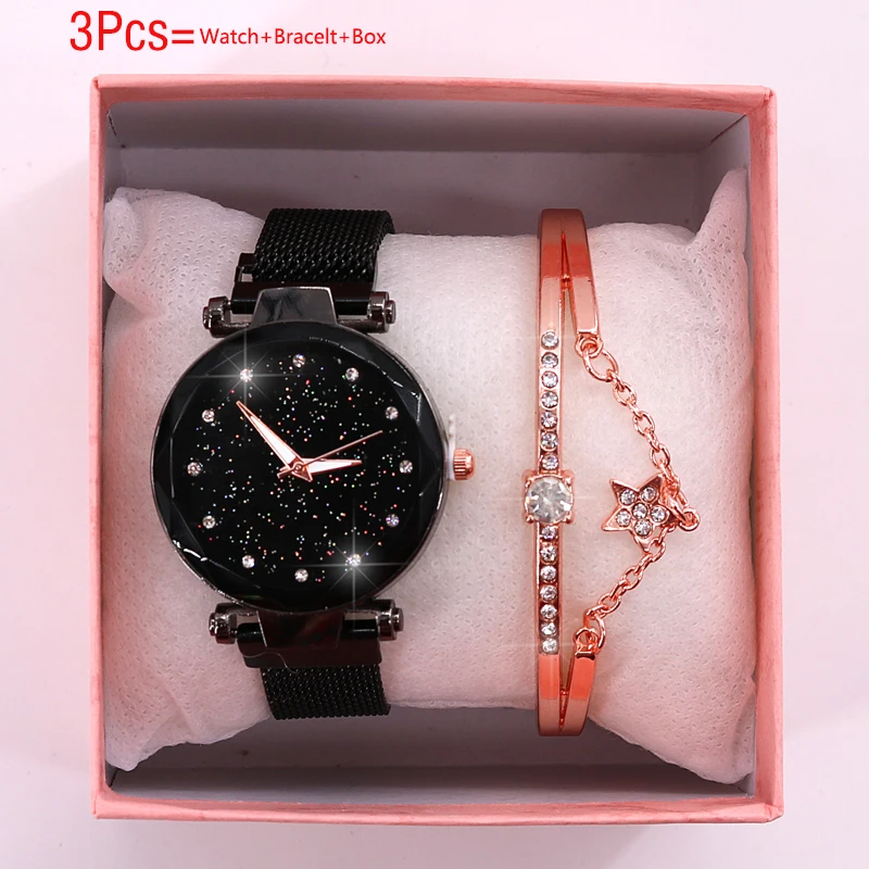 Black Bracelet Box Женские часы, новинка, браслет, набор, женские часы, магнитные, звездное небо, часы с коробкой, кварцевые наручные часы, женские часы, Reloj Mujer - Цвет: Black Bracelet Box