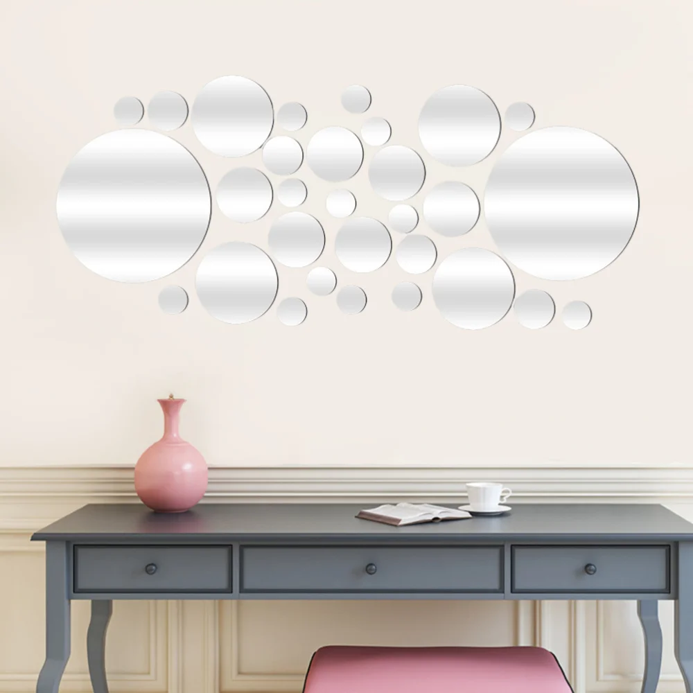 28PCS Mirror Wall Stickers Self Adhesive Removable Round Mirrors Decor