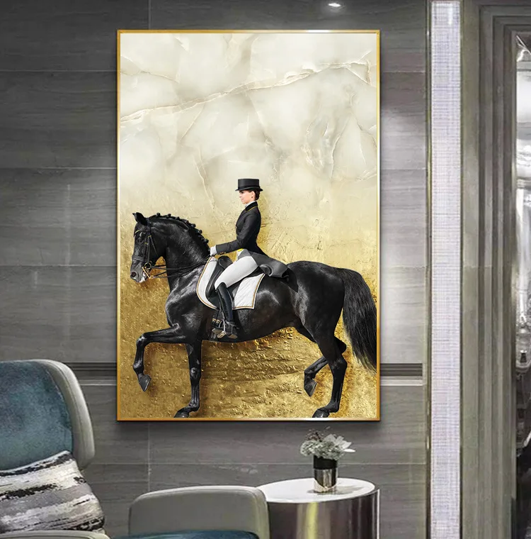 

Northern European Modern Art Marbling Gold Foil Equestrian Porch Decorative Painting canvas poster riding Equestrian performance