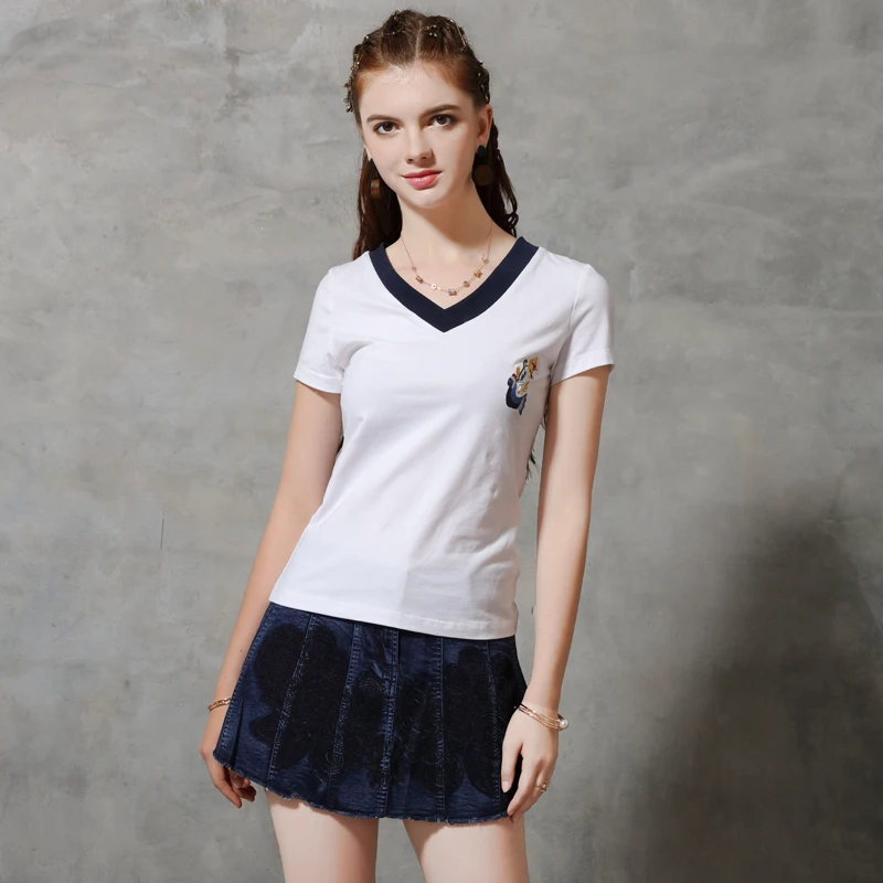 

Summer Jacket New style, pure color inside, retro short sleeves, cotton embroidered T-shirt, Keer original 2019