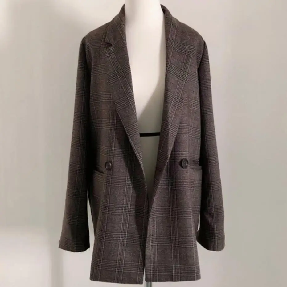 coffee Весна Осень Повседневный клетчатый Блейзер Женский зубчатый свободный костюм с двумя пуговицами куртка - Цвет: coffee