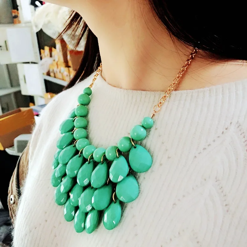 Europe And America Multi-color Water Droplet Surface Cutting Beads Necklace Short Necklace Hand-woven Fan-shaped Resin Necklace