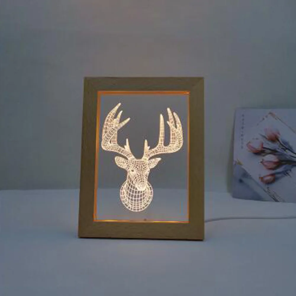 Creative DIY Wooden Photo Frame LED Night Light 3D Carving Beech Luminous Acrylic Crystal Decoration Customization | Лампы и освещение