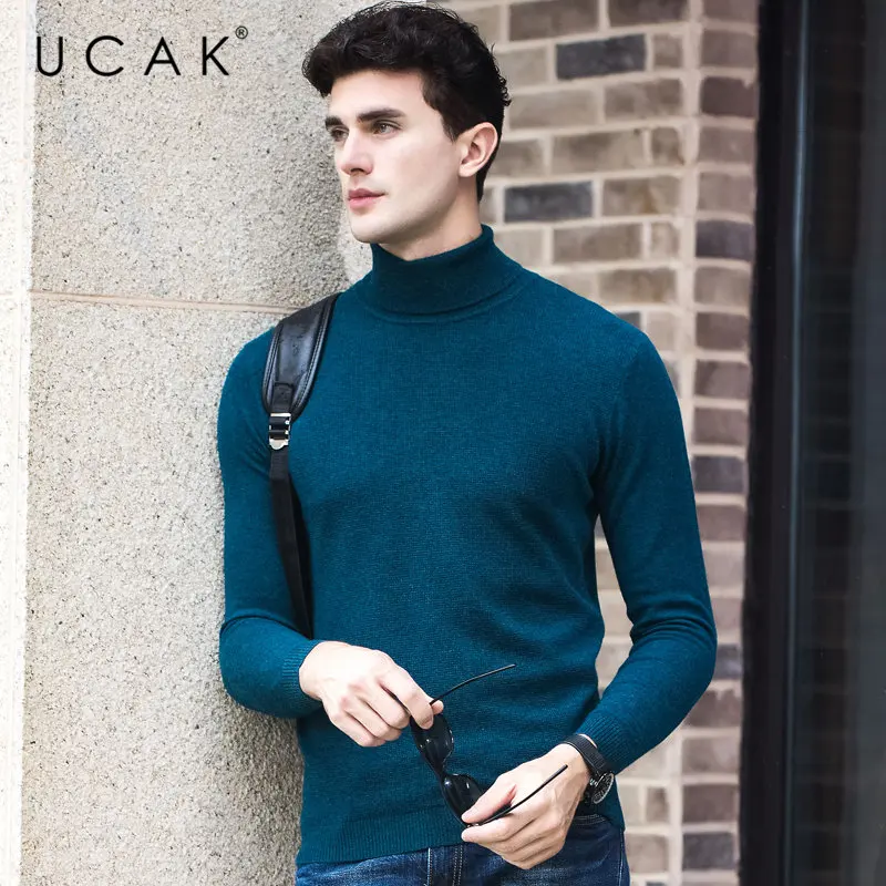Blue Green UCAK бренд шерстяной мужской свитер из мериносовой шерсти Осень Зима толстый теплый пуловер с высоким воротом мужской мягкий трикотаж кашемир Pull Homme U3060 - Цвет: Blue Green