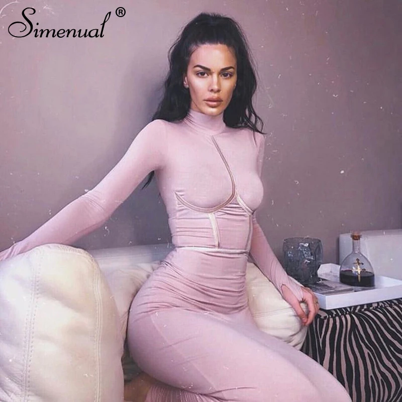 Skup Simenual smukłe modne 2019 kobiet Maxi sukienki z długim rękawem jesień Bodycon seksowne długie suknie jednokolorowy golf Slim kobiece tkaniny