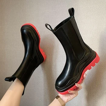 

Black Chelsea Boots Women Shoes 2020 Pu Leather Mid Calf Boots Platform Motorcycle Boots Women Punk Shoes Botas De Mujer