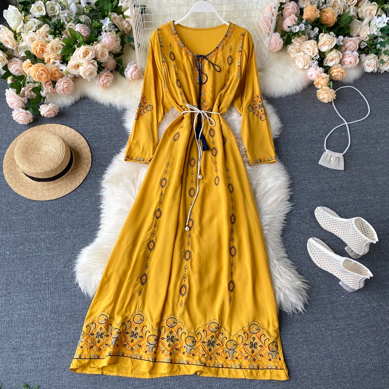 Neploe Indie Folk Vintage Embroidery Dress Fashion O-Neck Sashes Slim Waist Dresses Femme Loose Long Sleeve Mid-Calf Vestidos