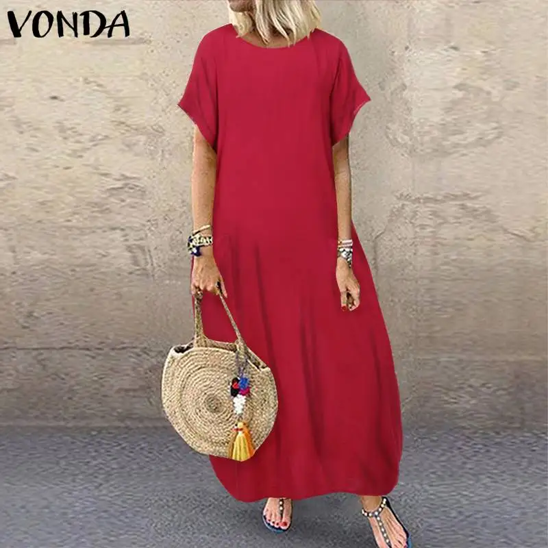 VONDA 2021 Элегантное Длинное платье для женщин свободные короткий рукав Твердые