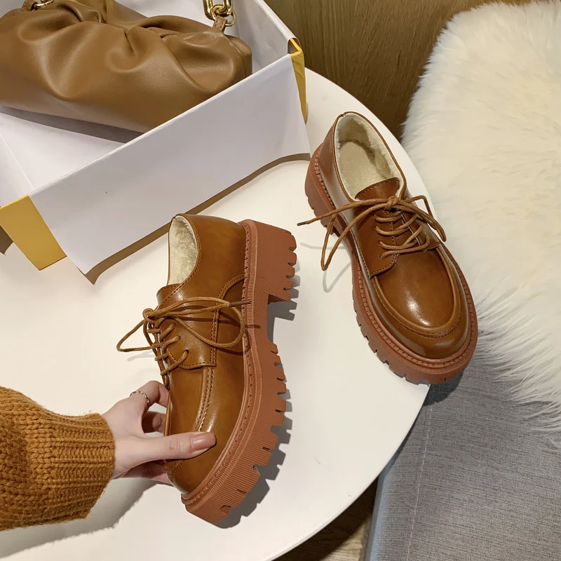 Women Thick Soled Boots Autumn British Student Oxfords Round Toe Lace Up Platform All-Match Casual Shoes Female Dress | Обувь