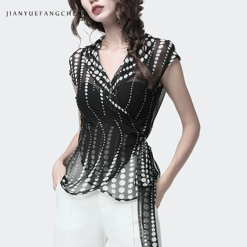 

Fashion Short Sleeve Chiffon Polka Dots Blouse Women Sexy V-neck See through Tops With Bra 2 Pieces New Summer Lace-up Shirts